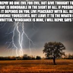 Romans 12:17-19 | REPAY NO ONE EVIL FOR EVIL, BUT GIVE THOUGHT TO DO WHAT IS HONORABLE IN THE SIGHT OF ALL. IF POSSIBLE, SO FAR AS IT DEPENDS ON YOU, LIVE PEACEABLY WITH ALL. BELOVED, NEVER AVENGE YOURSELVES, BUT LEAVE IT TO THE WRATH OF GOD, FOR IT IS WRITTEN, “VENGEANCE IS MINE, I WILL REPAY, SAYS THE LORD.” | image tagged in lightning and tree | made w/ Imgflip meme maker
