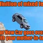 Mixed feelings | One definition of mixed feelings. Your New Car goes over a cliff, with your mother-in-law in it. | image tagged in car goes over cliff,mixed feelings,mother in law in it,new car | made w/ Imgflip meme maker