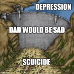 Water Dam Meme | DEPRESSION; DAD WOULD BE SAD; SCUICIDE | image tagged in water dam meme | made w/ Imgflip meme maker