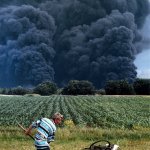 Serbian farming with NATO bombing in background