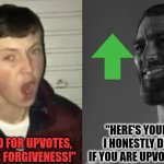 Imgflip be like Prt 2: | "YOU BEGGED FOR UPVOTES, NOW BEG FOR FORGIVENESS!"; "HERE'S YOUR UPVOTE, I HONESTLY DON'T CARE IF YOU ARE UPVOTE BEGGING." | image tagged in average enjoyer meme | made w/ Imgflip meme maker