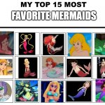 top 15 favorite mermaids | FAVORITE MERMAIDS | image tagged in top 15,the little mermaid,mermaid,ariel,dora the explorer,ocean | made w/ Imgflip meme maker