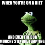 Contemplative Kermit | WHEN YOU'RE ON A DIET; AND EVEN THE DOG MUNCHY STIX ARE TEMPTING. | image tagged in contemplative kermit | made w/ Imgflip meme maker