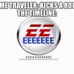 E | TIME TRAVELER: KICKS A ROCK
THE TIMELINE: | image tagged in e | made w/ Imgflip meme maker