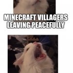 Thurston waffles | MINECRAFT VILLAGERS LEAVING PEACEFULLY; VILLAGERS BEING TRAPPED AND LOCK INTO A TRADING HALL. | image tagged in thurston waffles,mincraft,minecraft villagers,minecraft memes,gaming | made w/ Imgflip meme maker