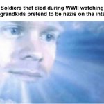 The audacity. | Soldiers that died during WWII watching their grandkids pretend to be nazis on the internet: | image tagged in in heaven looking down,funny,memes | made w/ Imgflip meme maker