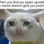 Upvoting memes gives YOU one point | When you find our spam upvoting a meme doesn't give you points | image tagged in memes,sad,points,upvotes,imgflip humor | made w/ Imgflip meme maker