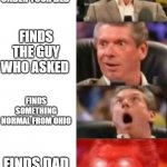 Mr. McMahon reaction | YOU GO UNDER YOUR BED; FINDS THE GUY WHO ASKED; FINDS SOMETHING NORMAL FROM OHIO; FINDS DAD WITH MILK | image tagged in mr mcmahon reaction | made w/ Imgflip meme maker
