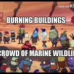 Anti-Meme No.1 | BURNING BUILDINGS; CROWD OF MARINE WILDLIFE | image tagged in welcome to the apocalypse mr squidward | made w/ Imgflip meme maker