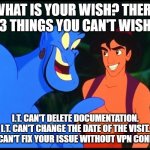 IT | WHAT IS YOUR WISH? THERE ARE 3 THINGS YOU CAN'T WISH FOR; I.T. CAN'T DELETE DOCUMENTATION.
I.T. CAN'T CHANGE THE DATE OF THE VISIT.
AND I.T. CAN'T FIX YOUR ISSUE WITHOUT VPN CONNECTION | image tagged in aladdin genie wish | made w/ Imgflip meme maker