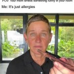Ellen stoned | POV: Your mom smells something funny in your room; Me: It's just allergies | image tagged in ellen stoned | made w/ Imgflip meme maker