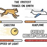 We miss those Holidays | SPEED OF HOLIDAY-VANISHING | image tagged in the fastest things on earth cheetah airplane speed of light | made w/ Imgflip meme maker