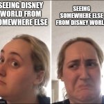 eww just imagine | SEEING SOMEWHERE ELSE FROM DISNEY WORLD; SEEING DISNEY WORLD FROM SOMEWHERE ELSE | image tagged in yes no girl flipped,disney | made w/ Imgflip meme maker
