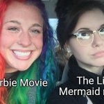Another problem with The Little Mermaid remake is that it has dark undertones for a kid's movie | The Little Mermaid remake; The Barbie Movie | image tagged in rainbow girl and goth girl,the little mermaid,barbie movie,hollywood,movies,disney | made w/ Imgflip meme maker