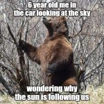 first post :) | 6 year old me in the car looking at the sky; wondering why the sun is following us | image tagged in bear staring at sky | made w/ Imgflip meme maker