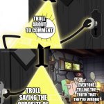 YB is wrong. | TWEET; TROLL ABOUT TO COMMENT; EVERYONE TELLING THE TRUTH THAT THEY'RE WRONG; TROLL SAYING THE OPPOSITE OF THE CONCEPT | image tagged in bill cipher door | made w/ Imgflip meme maker