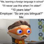 Sì | *Me, learning a foreign language in school*; “I’ll never use this when I’m older!”; *10 years later*; Employer: “So are you bilingual?”; Me:; Sì | image tagged in yes,memes,funny,true story,relatable memes,school | made w/ Imgflip meme maker