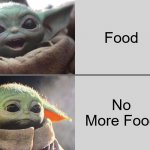 Food, No more food | Food; No More Food | image tagged in baby yoda v3 happy sad | made w/ Imgflip meme maker