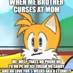 Tails hold up | WHEN ME BROTHER CURSES AT MOM; ME: WELP THATS NO PHONE NO TV NO PC NO ICE CREAM NO CANDY AND NO LOVE FOR 5 WEEKS AKA A ETERNITY | image tagged in tails hold up | made w/ Imgflip meme maker