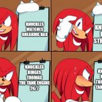 Knuckles | KNUCKLES 
IS THE STRONGEST; KNUCKLES 
WATCHES BREAKING BAD; KNUCKLES BINGES THOMAS THE TANK ENGINE
24/7; KNUCKLES
BINGES
THOMAS THE
TANK ENGINE
24/7 | image tagged in knuckles | made w/ Imgflip meme maker