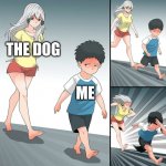 The Dog whenever it sees me | THE DOG; ME | image tagged in girl chasing a kid | made w/ Imgflip meme maker