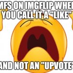 FR like im sorry I just made a mistake | MFS ON IMGFLIP WHEN YOU CALL IT A "LIKE"; AND NOT AN "UPVOTE" | image tagged in crying emoji looking up | made w/ Imgflip meme maker