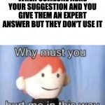 Don't you hate it when that happens? | WHEN SOMEONE ASKS YOUR SUGGESTION AND YOU GIVE THEM AN EXPERT ANSWER BUT THEY DON'T USE IT | image tagged in blank why must you hurt me,pain,funny,why,roblox,why must you hurt me in this way | made w/ Imgflip meme maker
