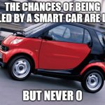 just a friendly warning | THE CHANCES OF BEING KILLED BY A SMART CAR ARE LOW; BUT NEVER 0 | image tagged in smart car | made w/ Imgflip meme maker