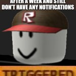 *slowly realizes that he isn't top creator* | WHEN YOU LOOK AT IMGFLIP AFTER A WEEK AND STILL DON'T HAVE ANY NOTIFICATIONS | image tagged in roblox triggered,triggered,angry,notifications,roblox,why | made w/ Imgflip meme maker
