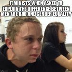 There's feminists, and there's feminists | FEMINISTS WHEN ASKED TO EXPLAIN THE DIFFERENCE BETWEEN MEN ARE BAD AND GENDER EQUALITY | image tagged in vein popping kid | made w/ Imgflip meme maker
