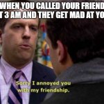 I thought we were friends | WHEN YOU CALLED YOUR FRIEND AT 3 AM AND THEY GET MAD AT YOU | image tagged in andy bernard sorry i annoyed you with my friendship | made w/ Imgflip meme maker