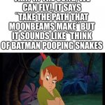 My cousin showed me this | DID YOU KNOW THAT IN THE SONG, WE CAN FLY!, IT SAYS ¨TAKE THE PATH THAT MOONBEAMS MAKE¨ BUT IT SOUNDS LIKE ¨THINK OF BATMAN POOPING SNAKES | image tagged in peter pan syndrome,wait a minute,peter pan,funny,downvote begging | made w/ Imgflip meme maker