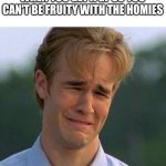 Yes I have a Girlfriend everyone!!! | WHEN YOU GET A GF SO YOU CAN'T BE FRUITY WITH THE HOMIES | image tagged in memes,1990s first world problems | made w/ Imgflip meme maker