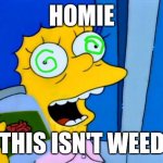 HOMER IDK WHAT THIS IS BUT IF YOU GIVE IT TO THE KIDS I WILL KILL YOU | HOMIE; THIS ISN'T WEED | image tagged in marge simpsons it's bliss | made w/ Imgflip meme maker
