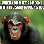 grrrrrrrrrrrrrrrrrrrrrrrrrrrrr | WHEN YOU MEET SOMEONE WITH THE SAME NAME AS YOU | image tagged in chimp scowl,angry,why,names,you have been eternally cursed for reading the tags | made w/ Imgflip meme maker