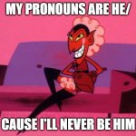 HiM | MY PRONOUNS ARE HE/; CAUSE I'LL NEVER BE HIM | image tagged in he/they | made w/ Imgflip meme maker