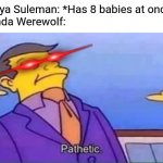 Oh dear lord. It's Wanda Werewolf VS OctoMom again. | Nadya Suleman: *Has 8 babies at once*
Wanda Werewolf: | image tagged in skinner pathetic,pregnant | made w/ Imgflip meme maker