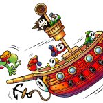 Green Yoshi on Pirate Ship with Green Yellow Red Shy Guys