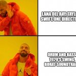 Drake dont like, like | LANA DEL RAY, TAYLOR SWIFT, ONE DIRECTION; DRUM AND BASS, 1920'S SWING, BORAT SOUNDTRACK | image tagged in drake dont like like | made w/ Imgflip meme maker