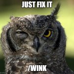 WTF Owl | JUST FIX IT; /WINK | image tagged in wtf owl | made w/ Imgflip meme maker