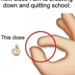 Can’t wait for the summer…although a lot will be happening… | When someone asks me how close I am to breaking down and quitting school:; This close | image tagged in 'i'm this close',memes,funny,true story,relatable memes,school | made w/ Imgflip meme maker