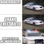 :D hahaha | BANK ROBBERY; GRAND THEFT AUTO; GRAYSTILLPLAYS NOT MAKING VIDEOS | image tagged in police car | made w/ Imgflip meme maker