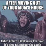 MMPR Rita Repulsa After 10,000 years I'm free | AFTER MOVING OUT OF YOUR MOM'S HOUSE. | image tagged in mmpr rita repulsa after 10 000 years i'm free | made w/ Imgflip meme maker