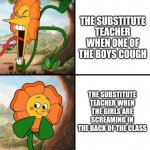 Bruh | THE SUBSTITUTE TEACHER WHEN ONE OF THE BOYS COUGH; THE SUBSTITUTE TEACHER WHEN THE GIRLS ARE SCREAMING IN THE BACK OF THE CLASS | image tagged in angry flower,teacher | made w/ Imgflip meme maker