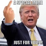 Donald Trump middle finger | A SPECIAL MEME; JUST FOR YOU?!! | image tagged in donald trump middle finger | made w/ Imgflip meme maker