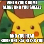 Surprised Pikachu | WHEN YOUR HOME ALONE AND YOU SNEEZE; AND YOU HEAR SOME ONE SAY BLESS YOU | image tagged in surprised pikachu | made w/ Imgflip meme maker