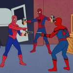 3 spidermen with guns meme