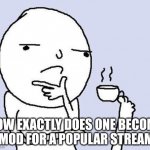 and why are they all top 250 people? | HOW EXACTLY DOES ONE BECOME A MOD FOR A POPULAR STREAM? | image tagged in hmm | made w/ Imgflip meme maker