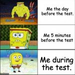 is this accurate? | Me the day before the test. Me 5 minutes before the test; Me during the test. | image tagged in spongebob strong to weak | made w/ Imgflip meme maker
