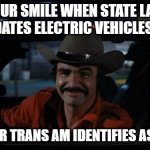 That time you gave up and joined the trans movement | YOUR SMILE WHEN STATE LAW MANDATES ELECTRIC VEHICLES ONLY; AND YOUR TRANS AM IDENTIFIES AS A TESLA | image tagged in smokey and the bandit smile,electric vehicles,climate change,green bill act,trans,pollution | made w/ Imgflip meme maker
